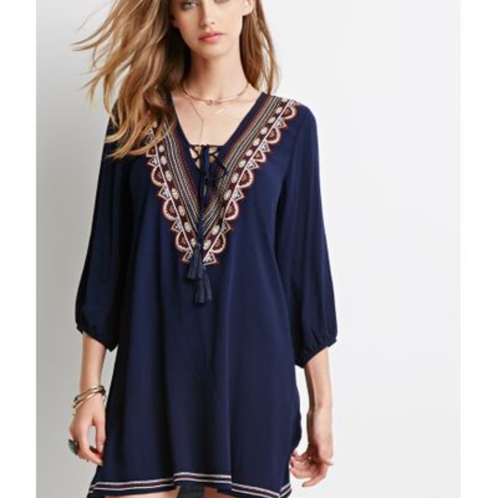 Blue Boho Tunic Dress with Embroidery